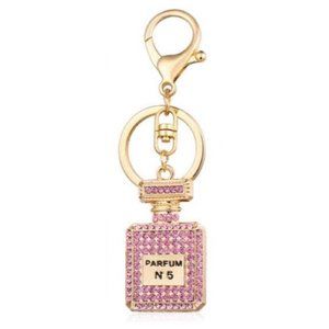 NEW Designer Perfume Bottle Pink Rhinestone Keychain, Purse Charm Gold Key Chain